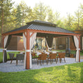 EAGLE PEAK 12x16 Hardtop Gazebo, Galvanized Steel Double Roof with Wood Grain Aluminum Frame, Outdoor Pavilion with Netting and Curtains for Patio, Deck, Lawn and Garden, Woodgrain/Black