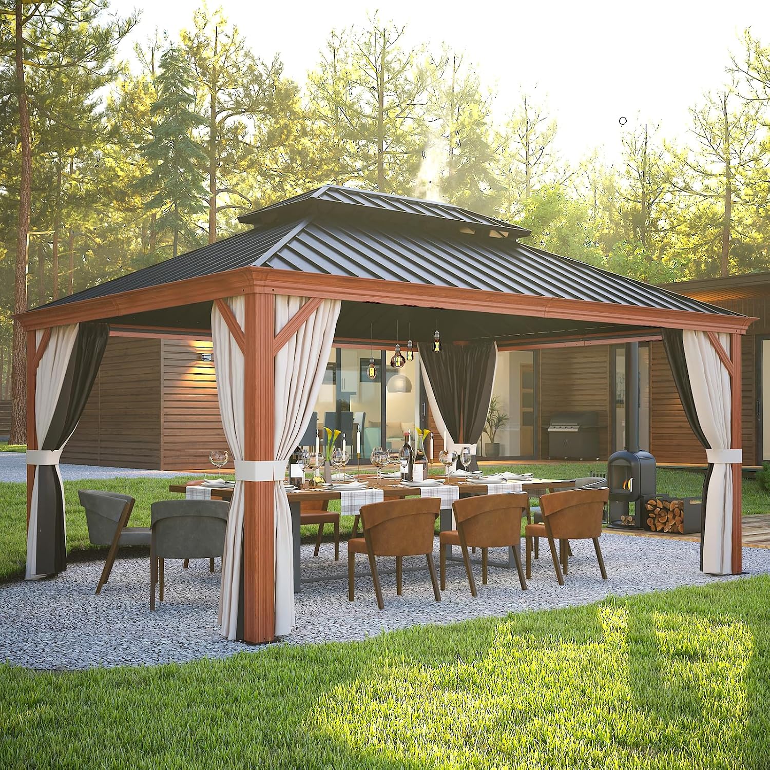 EAGLE PEAK 12x16 Hardtop Gazebo, Galvanized Steel Double Roof with Wood Grain Aluminum Frame, Outdoor Pavilion with Netting and Curtains for Patio, Deck, Lawn and Garden, Woodgrain/Black