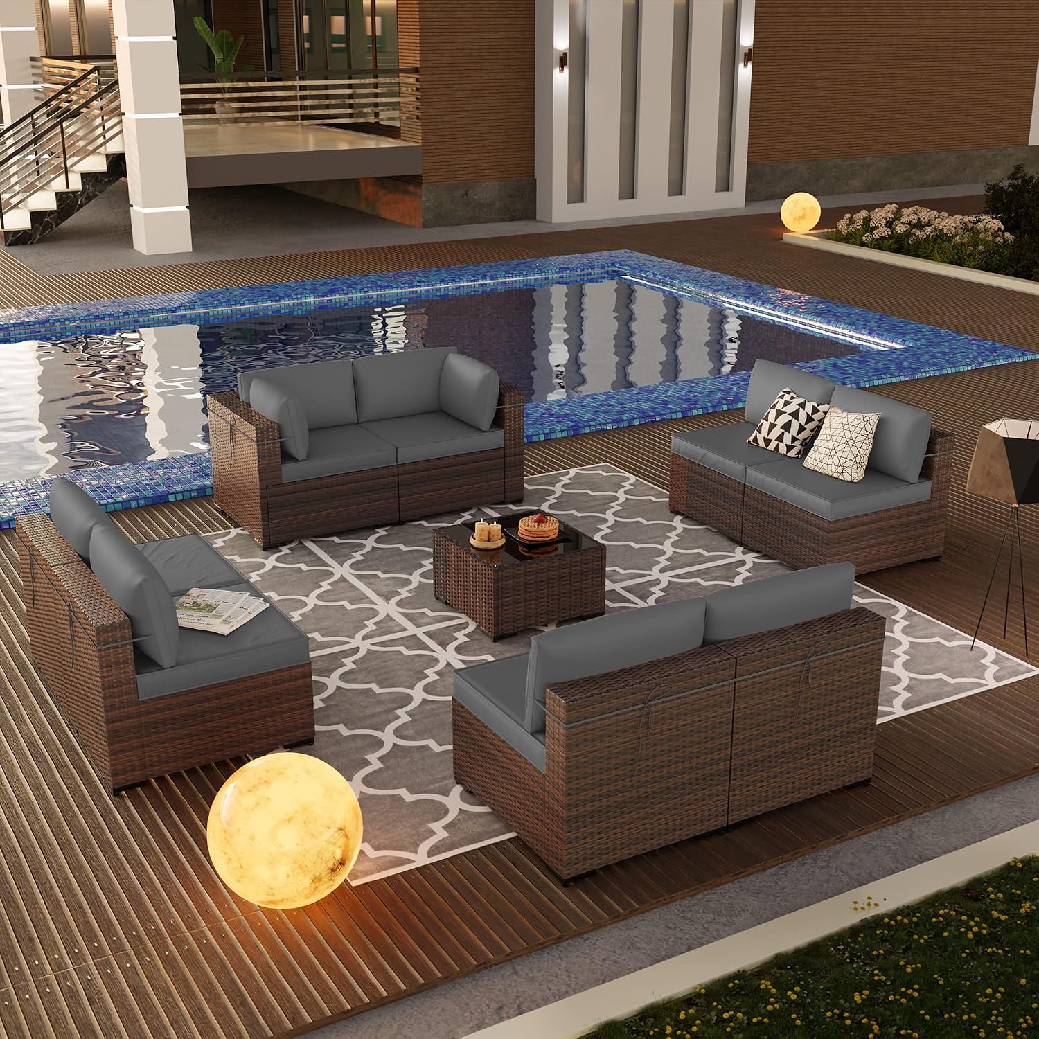 Kullavik 9PCS Outdoor Patio Furniture Set PE Wicker Rattan Sectional Sofa Patio Conversation Sets,Grey