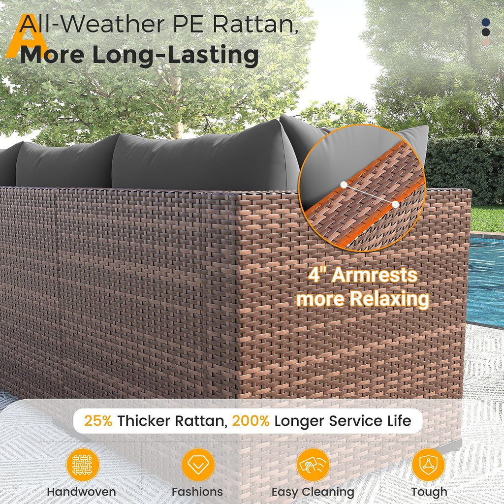 UDPATIO Furniture Set with Fire Pit Table, 8 Piece Sectional Sofas, All-Weather Wicker Conversation for Garden, Backyard, Dark Grey