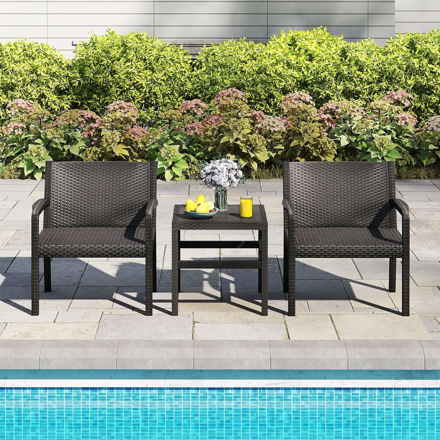 Tangkula 3 Piece Patio Furniture Set, Outdoor Wikcer Conversation Set with 2 Rattan Armchair & 25' Square Side Table, for Patio, Garden, Poolside, Bistro (Black)