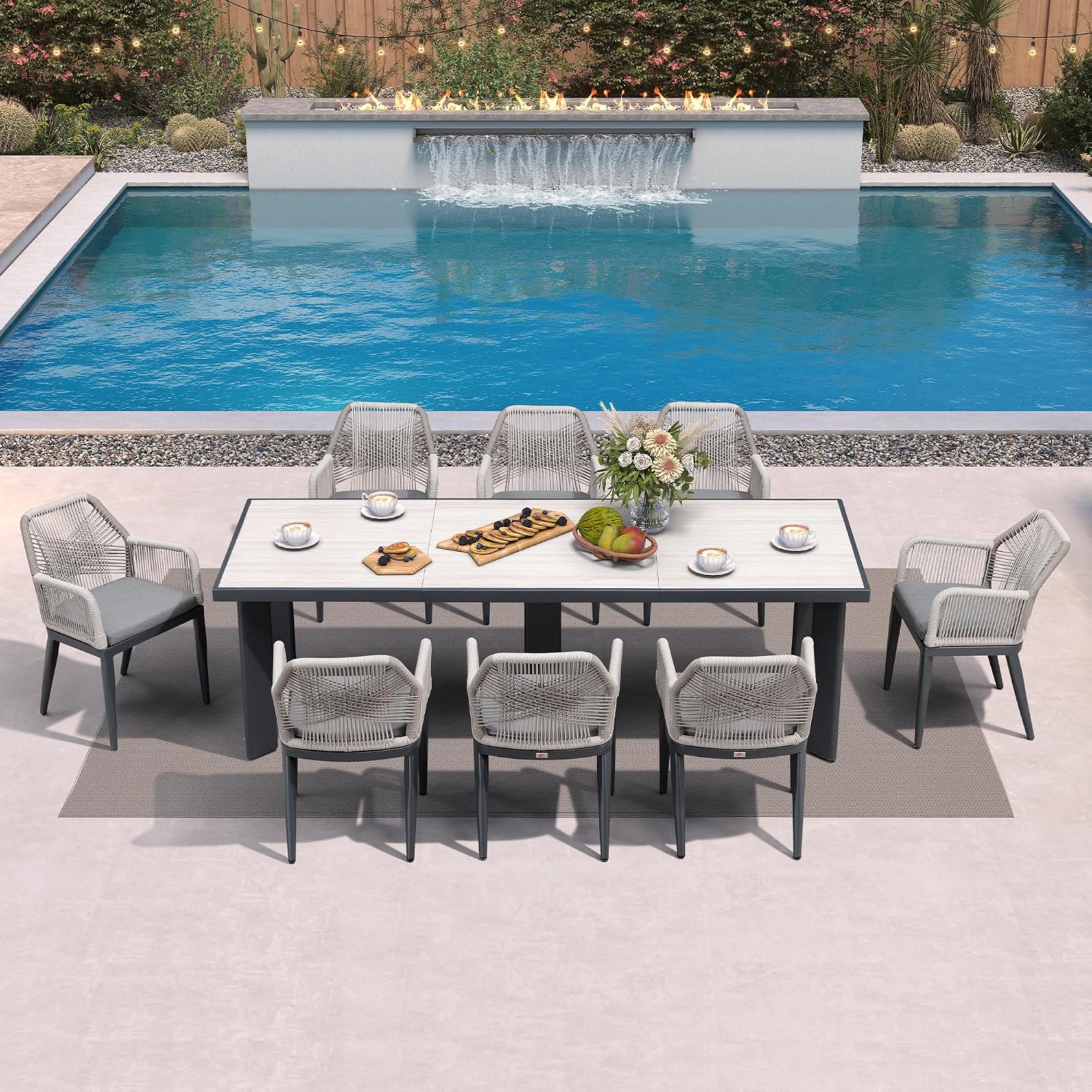PURPLE LEAF 9 Pieces Patio Dining Set Aluminum Modern Rectangular Table and Rattan Arm Chairs with Cushions for Kitchen Porch Garden Outdoor Furniture Sets, Beige and Dark Grey