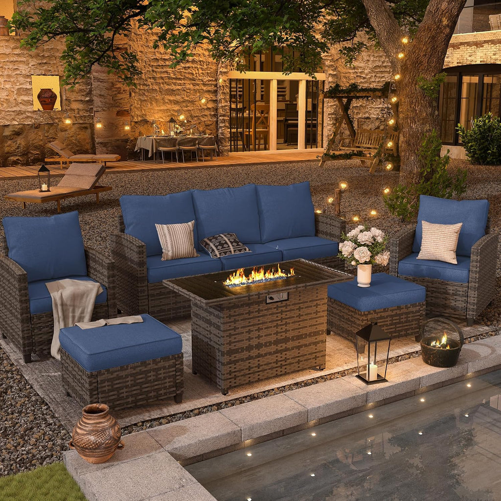 UDPATIO Patio Furniture Set with 44' Fire Pit Table, 6 Pieces Outdoor Sectional Conversation Sets, All-Weather Wicker Rattan Sofa Ottoman with 4' Thick Cushion for Garden Backyard Poolside, Navy Blue