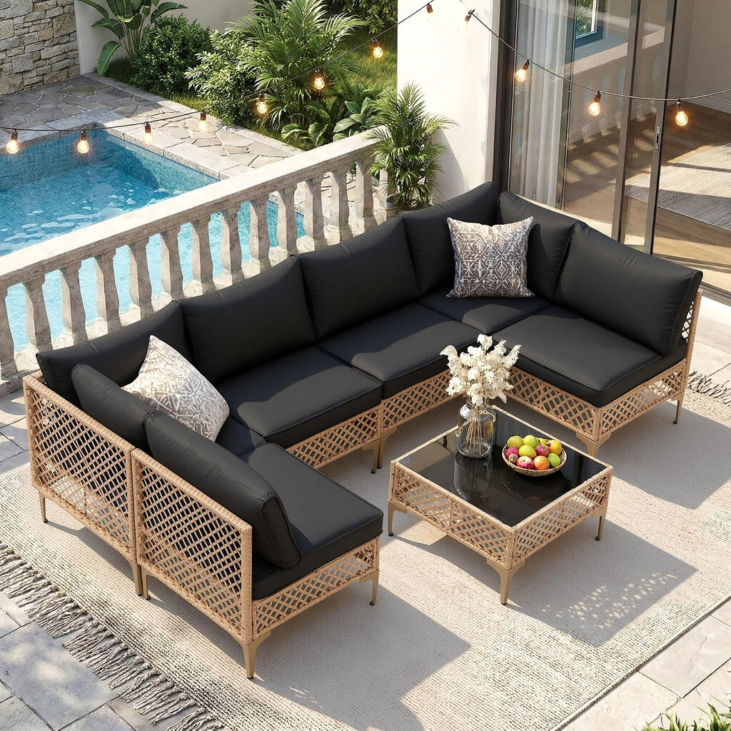 FHFO 7 Piece Patio Furniture Set, Outdoor Wicker Modular Sectional Patio Conversation Set with Thicker Cushion & Tempered Glass Coffee Table for Backyard, Poolside, Porch (Yellow/Black)