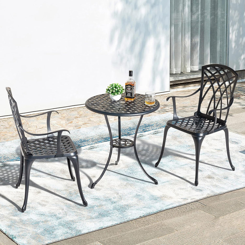 NUU GARDEN 3 Piece Patio Bistro Set, Cast Aluminum Patio Bistro Table and Chairs Set of 2 with Umbrella Hole, Outdoor Bistro Set for Patio or Backyard, Black