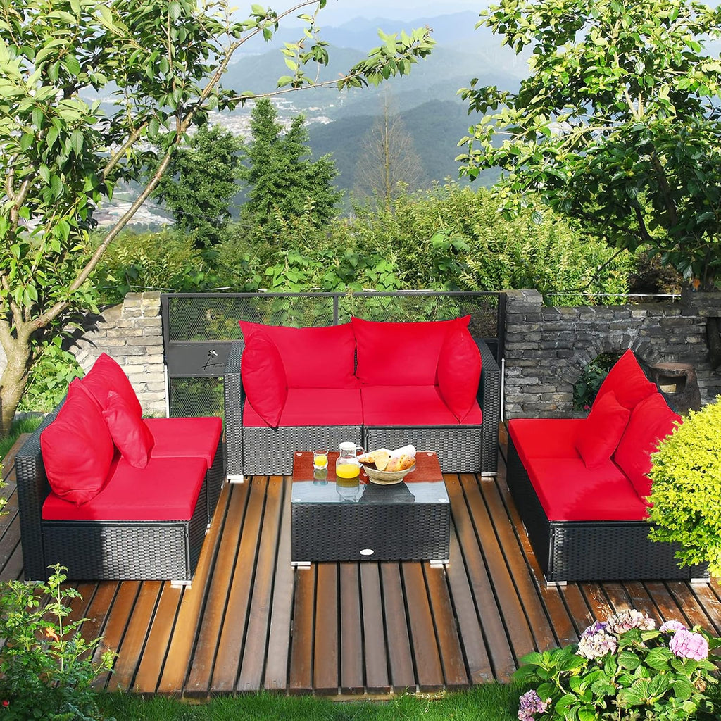 Tangkula 7 Piece Patio Furniture Set, Outdoor Sectional Sofa w/Pillows and Cushions, Wicker Sofa Conversation Set with Coffee Table, Patio Sofa and Tea Table Set for Garden, Lawn (Red)