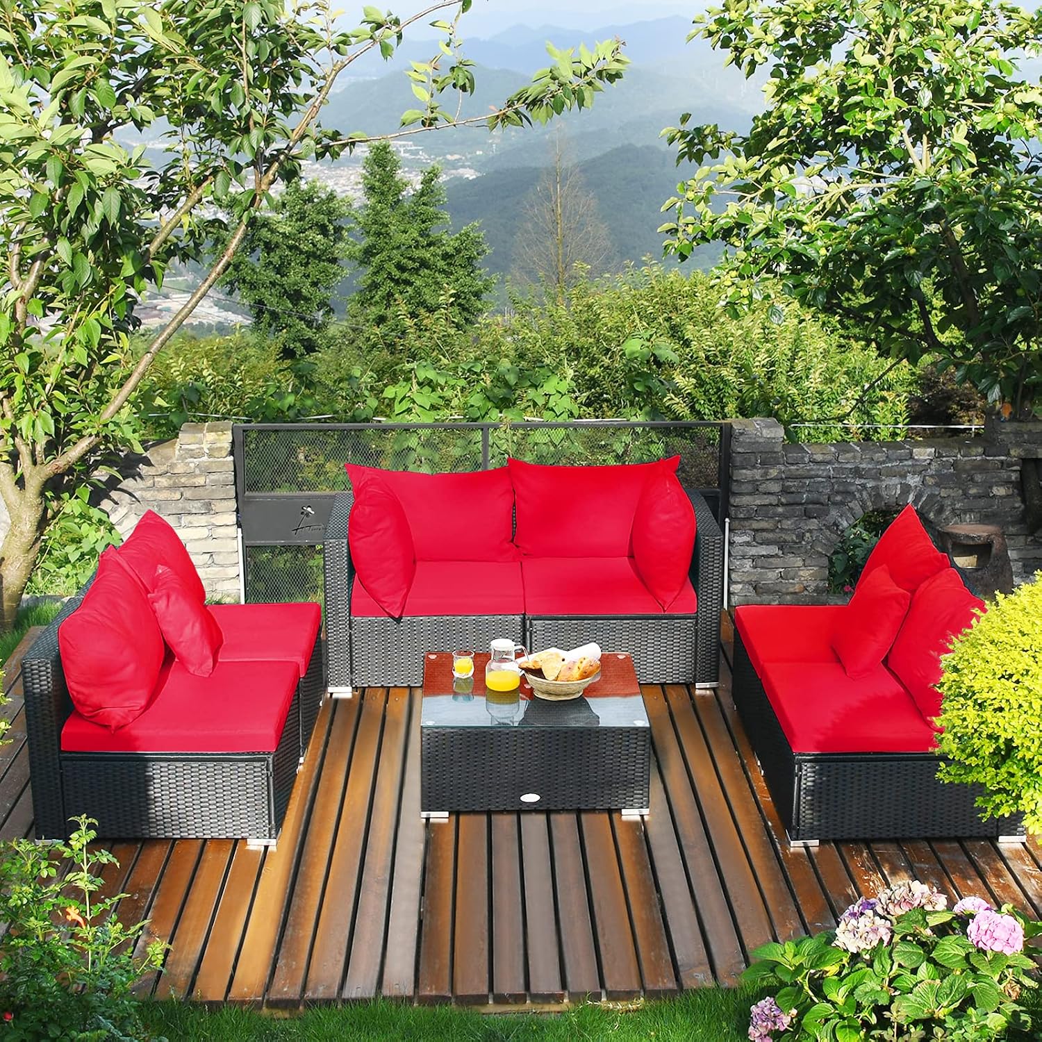 Tangkula 7 Piece Patio Furniture Set, Outdoor Sectional Sofa w/Pillows and Cushions, Wicker Sofa Conversation Set with Coffee Table, Patio Sofa and Tea Table Set for Garden, Lawn (Red)