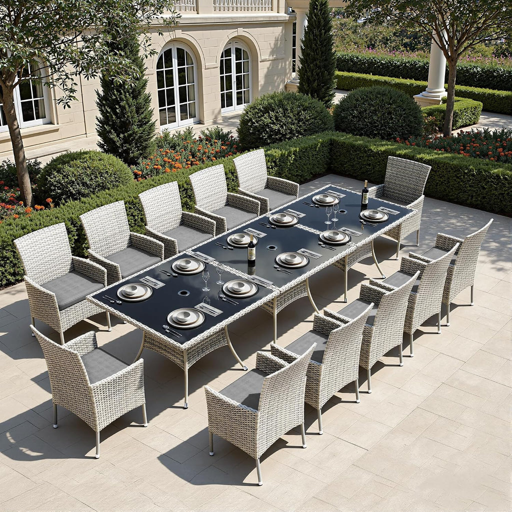 Outdoor Dining Set, 15-Piece Patio Furniture Set with Tempered Glass Table and 12 Cushioned Chairs, Dual-Strand Wicker Rattan, Balcony Furniture for Backyard, Garden, Deck,– Gray