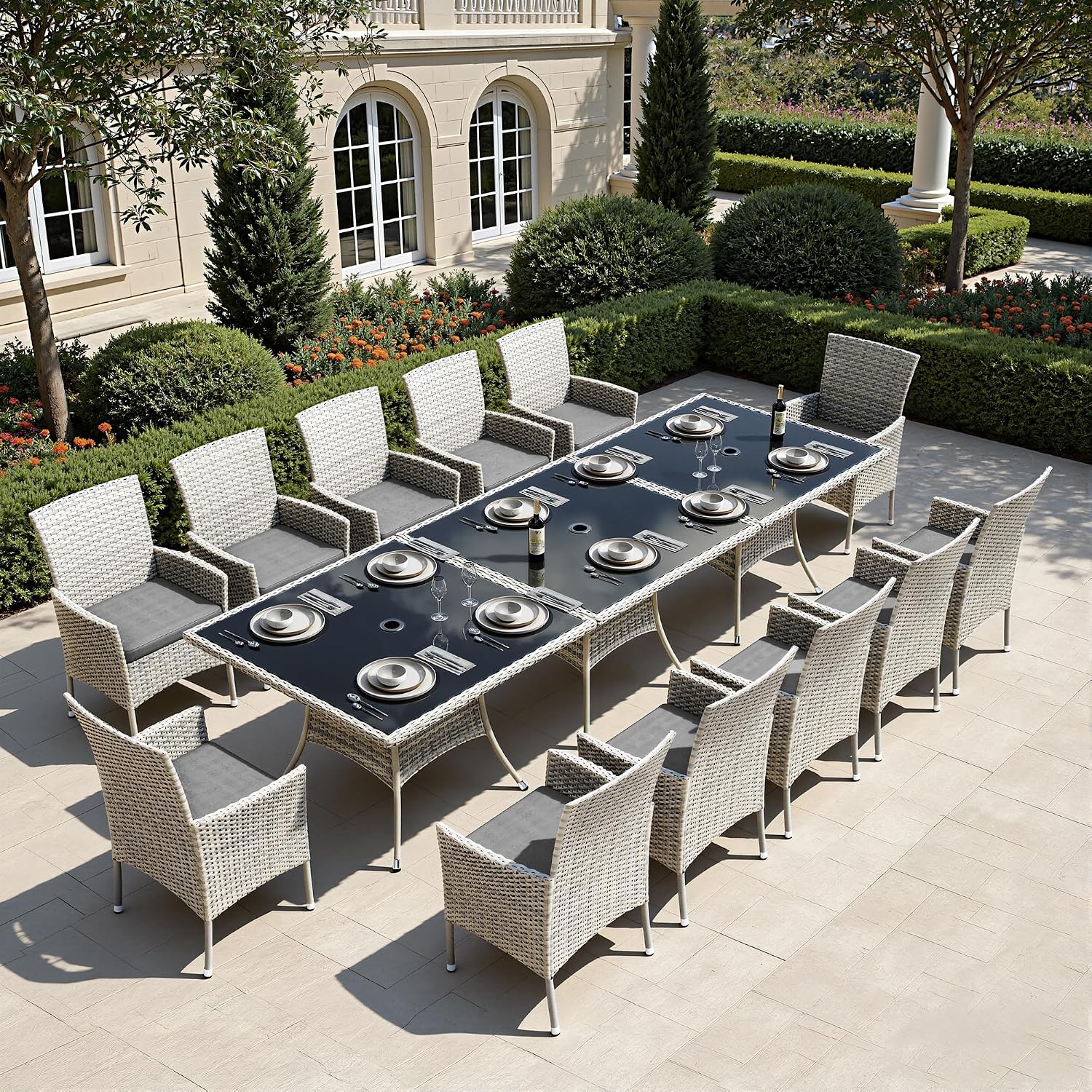 Outdoor Dining Set, 15-Piece Patio Furniture Set with Tempered Glass Table and 12 Cushioned Chairs, Dual-Strand Wicker Rattan, Balcony Furniture for Backyard, Garden, Deck,– Gray
