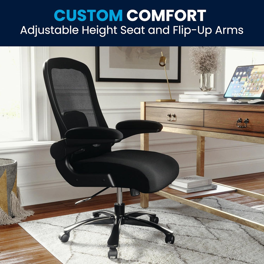 Flash Furniture Big & Tall Swivel Office and Gaming Chair with Lumbar and Back Support, Ergonomic Mesh Office Chair with Flip-Up Armrests and Adjustable Height, Black