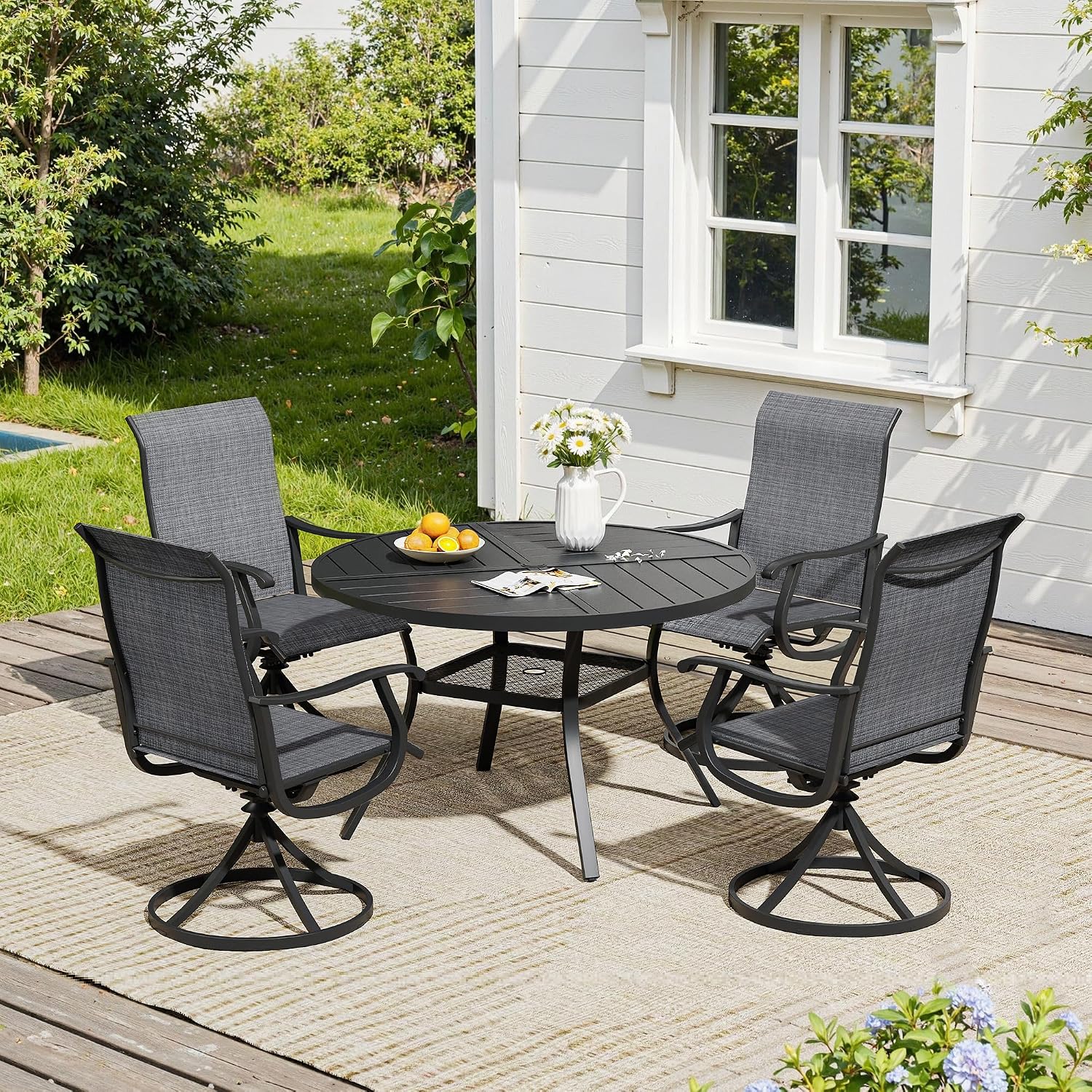 VICLLAX 5 Pieces Patio Dining Set, Patio Furniture Set of 4 Patio Swivel Dining Chairs and 40.6' Patio Spliced Round Tabletop with Storage Shelf, Dark Charcoal Chairs & Black Tabletop