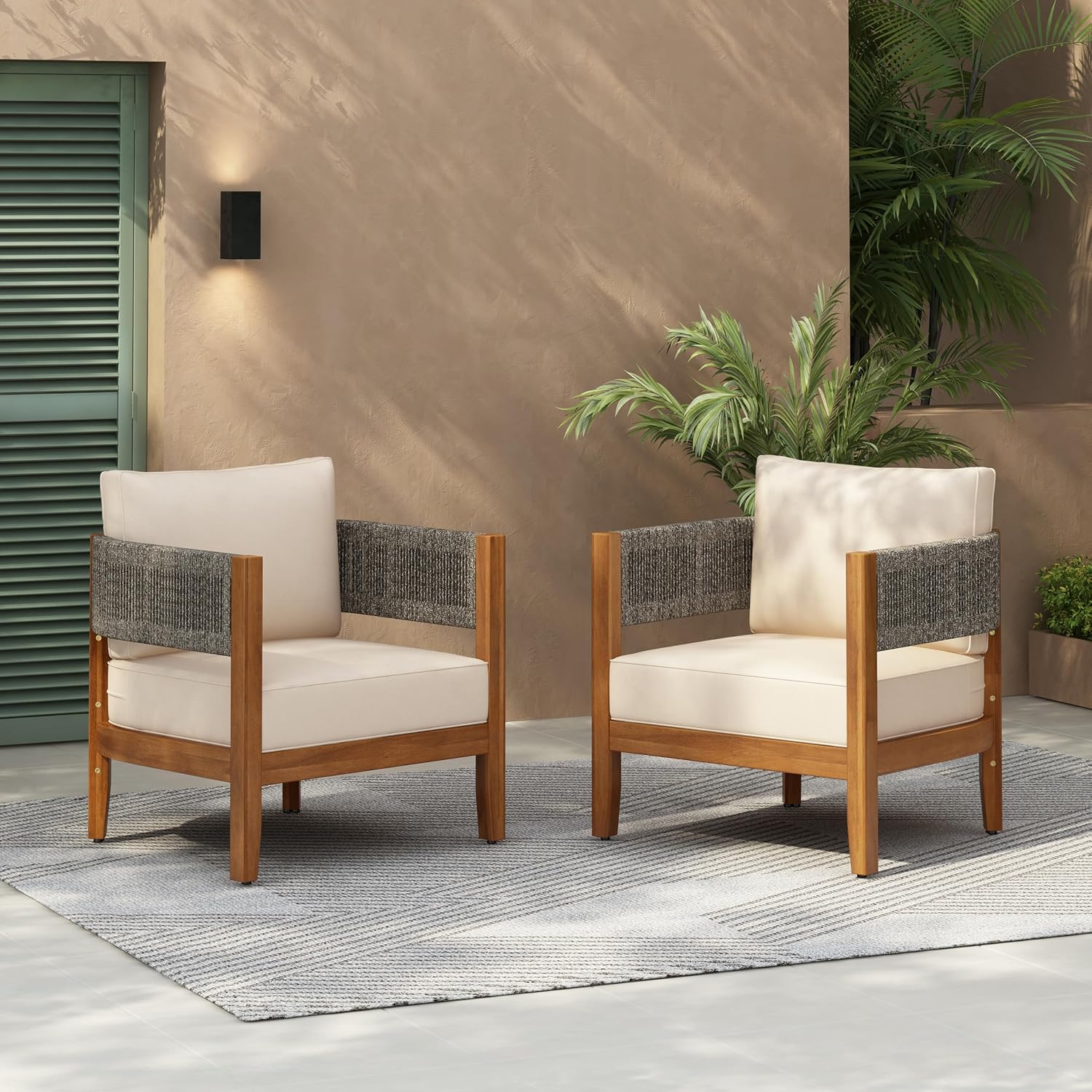 Christopher Knight Home Rekker Acacia Wood Outdoor Club Chair Set of 2, Patio Accent Chair with Removable Cushion, Patio Furniture Set Comfy Reading Chair, Wooden Single Lounge Sofa Set, Teak+Beige