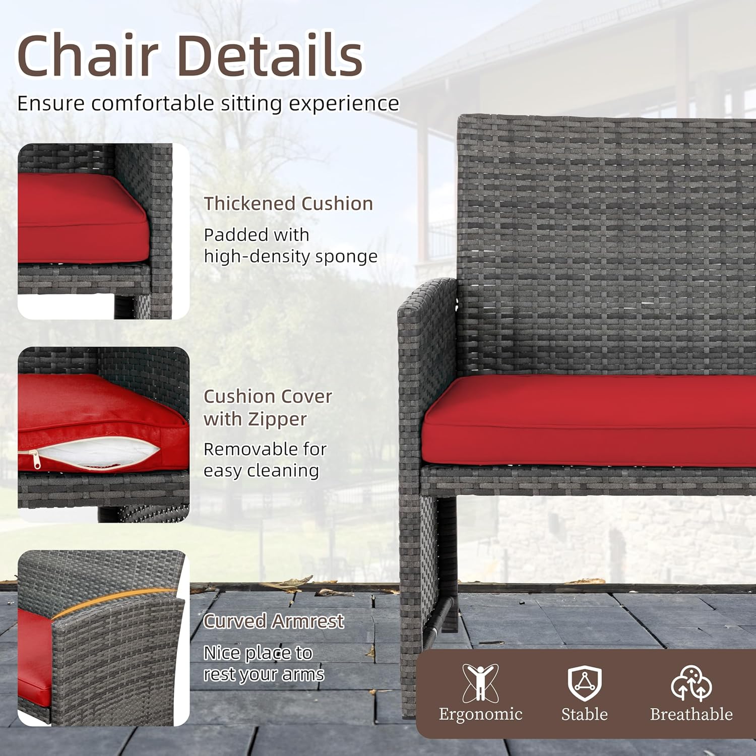 4 Piece Patio Ratten Set Outdoor Furniture Set Wicker Conversation Set with Cushions and Tempered Glass Tabletop,Red