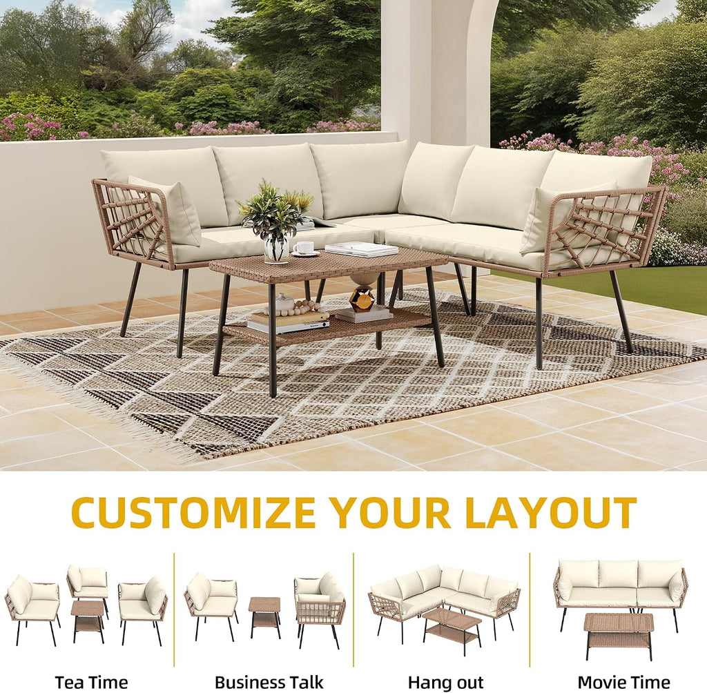 DWVO Outdoor Sectional Sofa 4 Piece 5-Seater Rattan Patio Furniture Set with 2-Tier Coffee Table&Cushions L Shape Couch Boho Conversation Sets for Garden Porch Backyard Relaxation