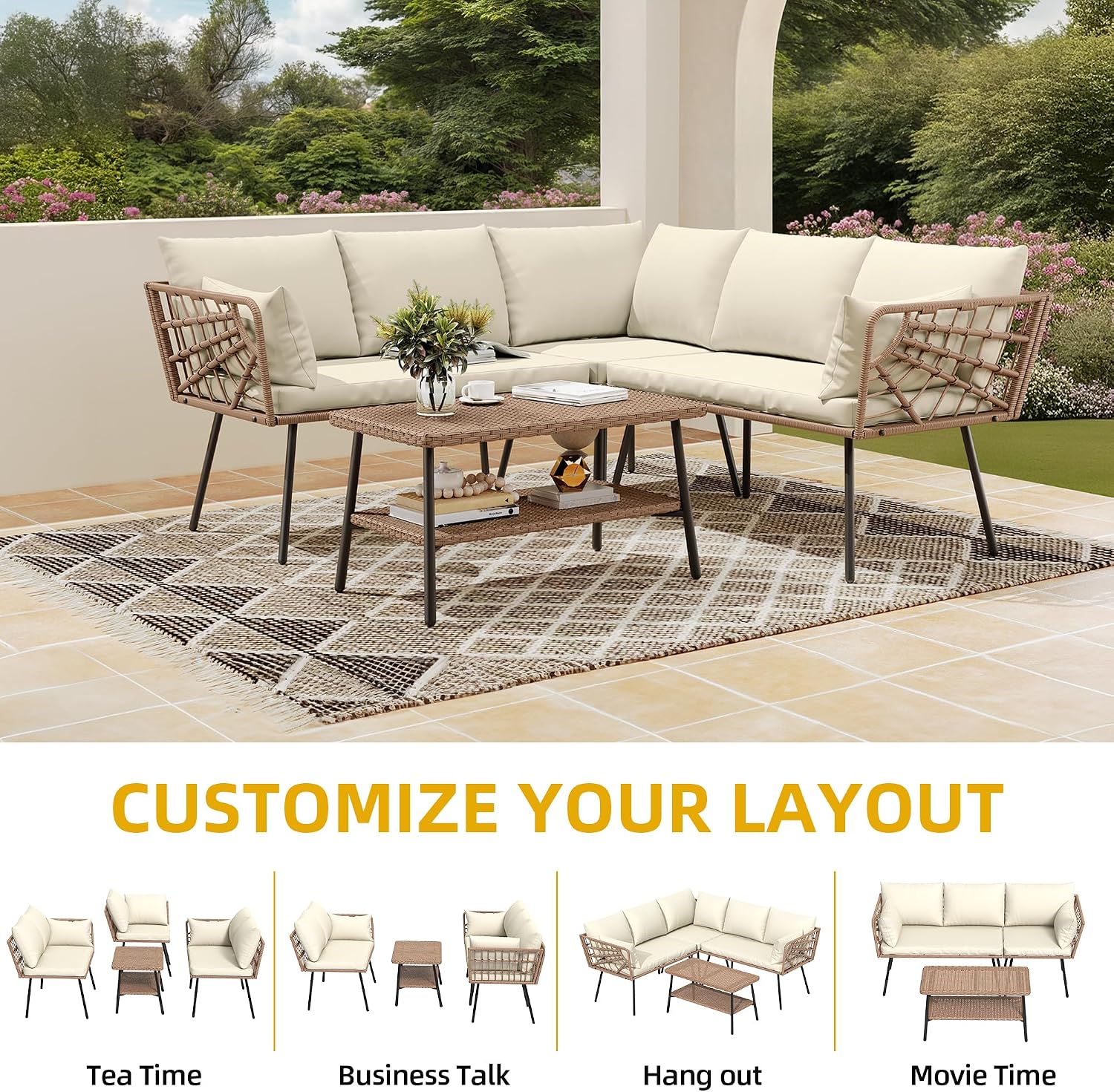 DWVO Outdoor Sectional Sofa 4 Piece 5-Seater Rattan Patio Furniture Set with 2-Tier Coffee Table&Cushions L Shape Couch Boho Conversation Sets for Garden Porch Backyard Relaxation