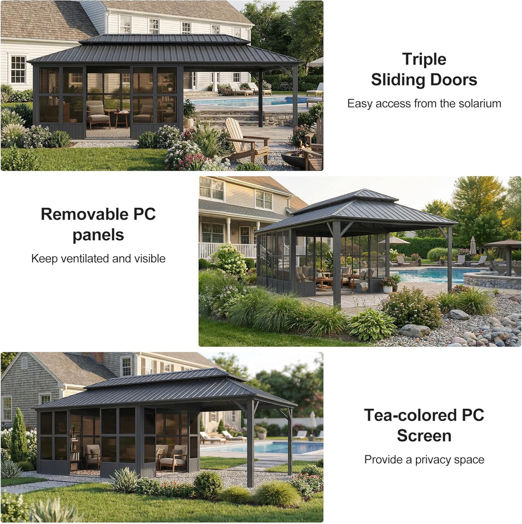 PURPLE LEAF Sunroom Solarium Screened Gazebo 12' x 24', Enclosed Gazebo with Mesh & Removable PC Panels, Magnetic Sliding Doors, Aluminum Frame for Outdoor Living Space, Backyard Lounge & Dining