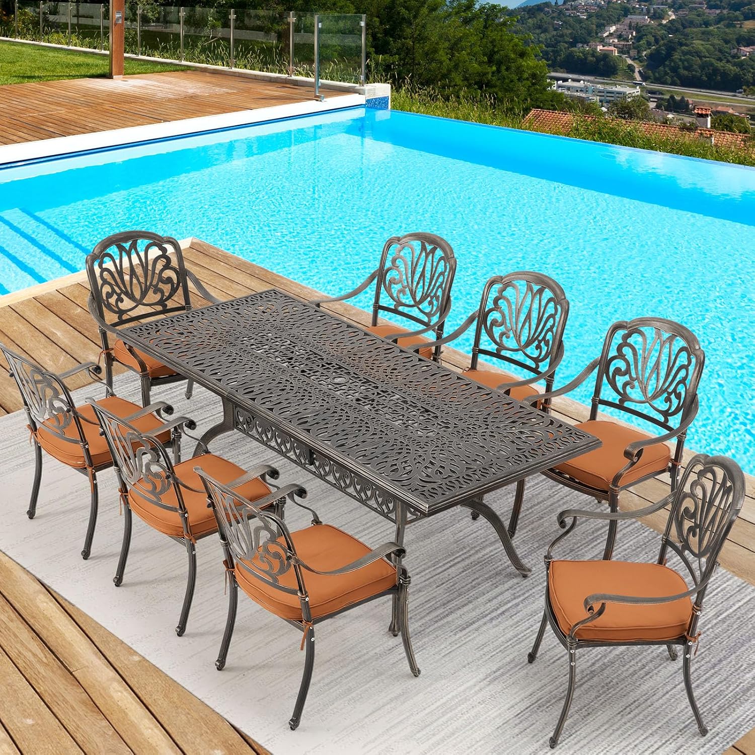 [Hi-End]Cast Aluminum Patio Furniture Set 9-Piece Outdoor Dining Set Includes 86.6'' Rectangular Patio Table with Umbrella Hole and 8 Cushioned Dining Chairs,Rust-Free for Patio Deck Garden Pool