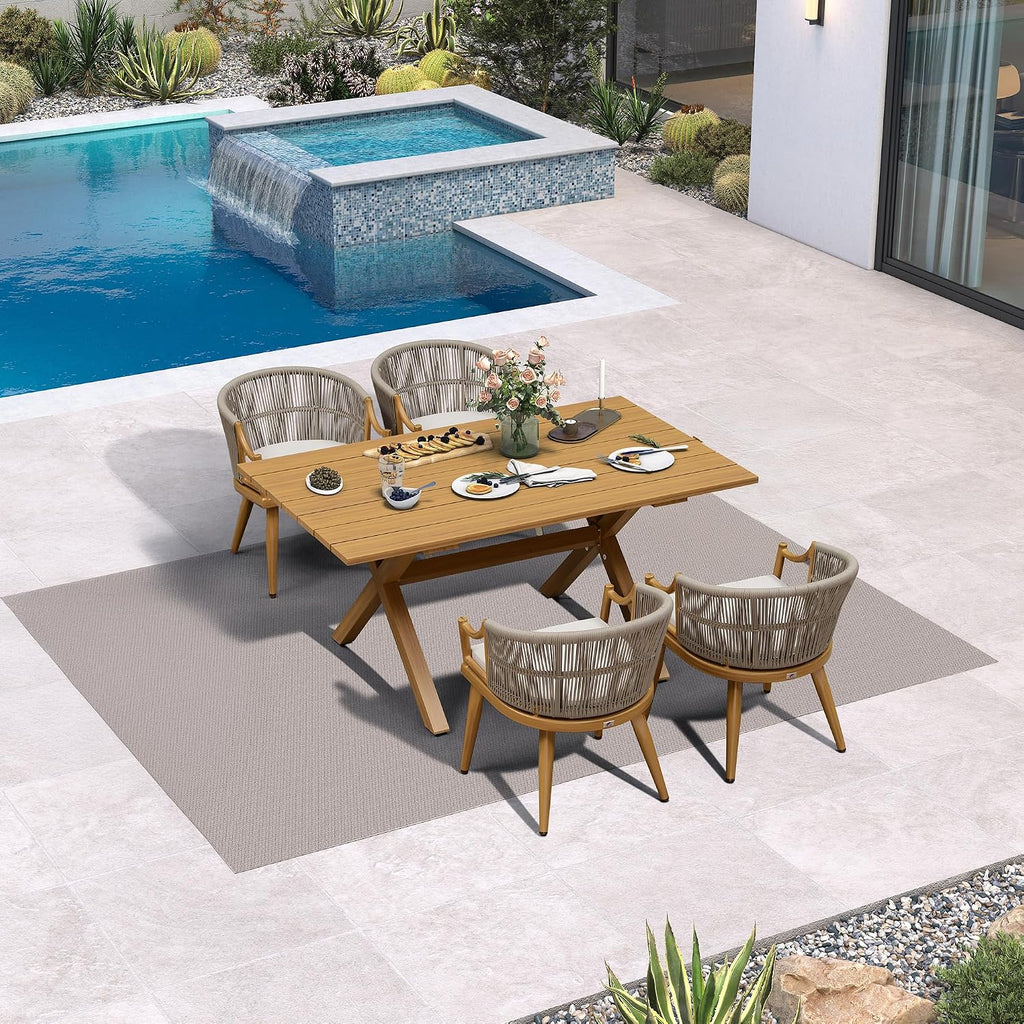 PURPLE LEAF 5 Pieces Outdoor Dining Set All Weather Wicker Patio Dining Set with Rectangular Aluminum Table and Modern Armrest Dining Chairs for Garden Deck Backyard Kitchen, Teak