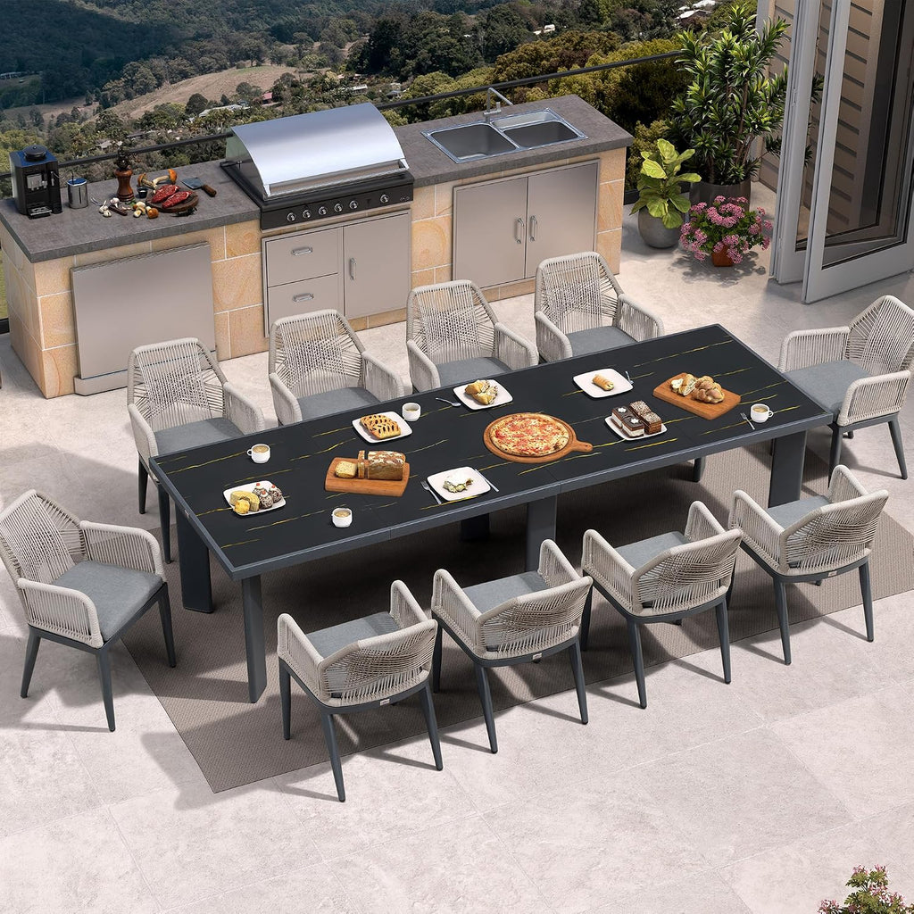 PURPLE LEAF 11 Pieces Patio Dining Set Aluminum Modern Rectangular Table and Rattan Arm Chairs with Cushions for Kitchen Porch Garden Outdoor Furniture Sets, Dark Grey