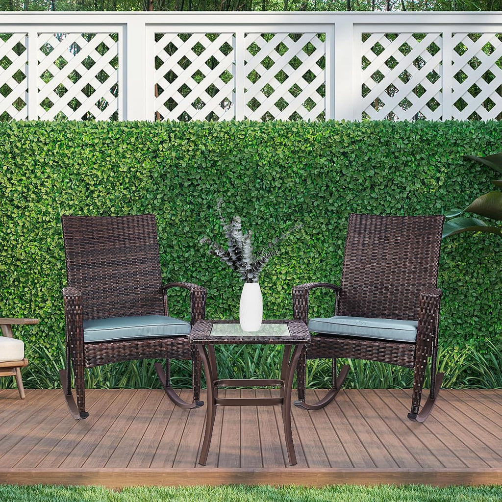 Niubya 3 Piece Wicker Rocking Chair Patio Furniture Sets, Outdoor Wicker Bistro Rattan Chair Conversation Sets with Cushions and Coffee Table, Grey and Brown