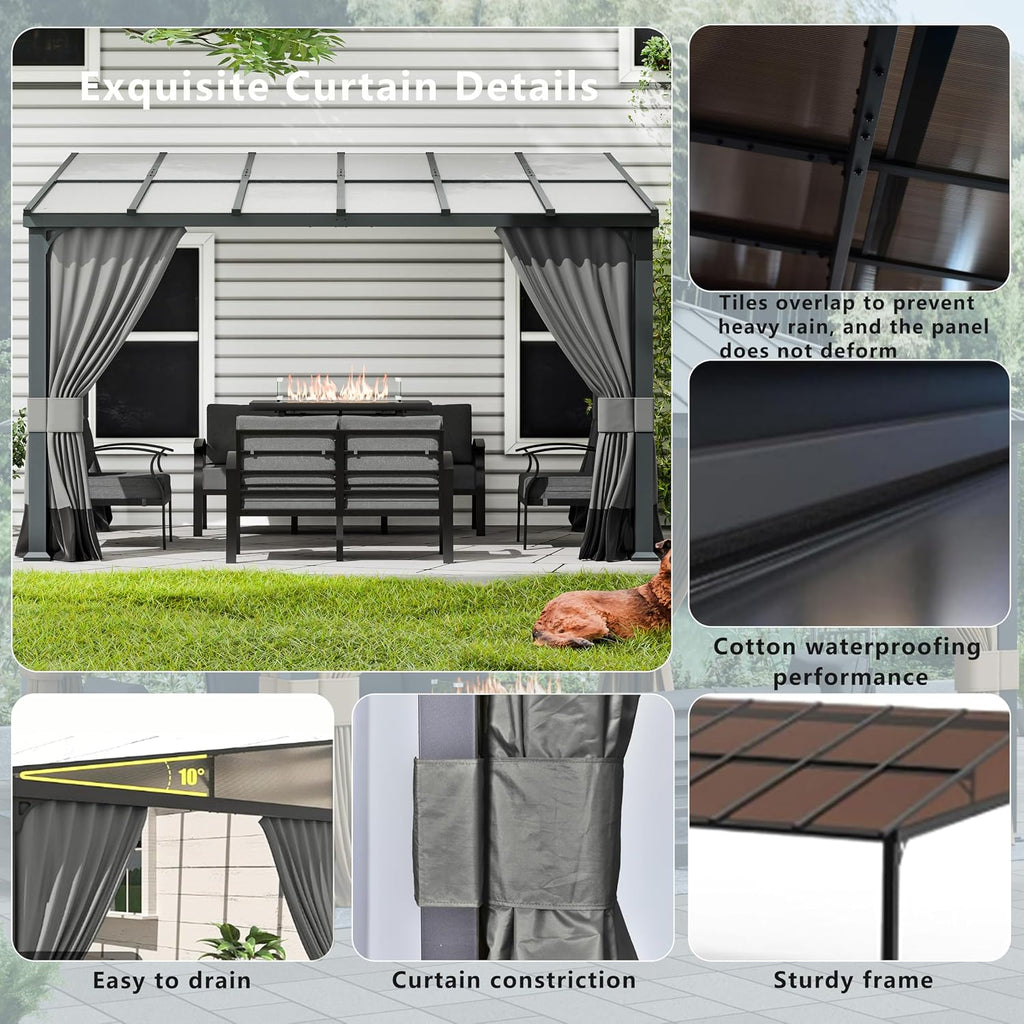 10x12FT Gazebo, Hardtop Wall Mounted Gazebo with Sloping Sun Panel Roof, Awnings for Patio with Metal Frame, Double Curtains for Garden, Lawn, Backyard Deck, Sand