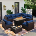 Rattaner 10 Pieces Outdoor Sectional All-Weather Wicker Patio Furniture Set Patio Sectional and Steel Fire Table and Glass Patio Table Non-Slip Cushions and Waterproof Covers, Navy Blue