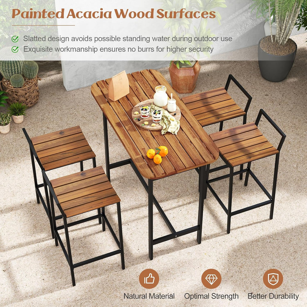 Tangkula 5 Piece Acacia Wood Bar Table Set, Outdoor Bar Height Table & Chairs with Metal Frame & Footrest, Patio Bar Table Set for 4, Patio Furniture Bistro Set for Deck, Garden & Poolside