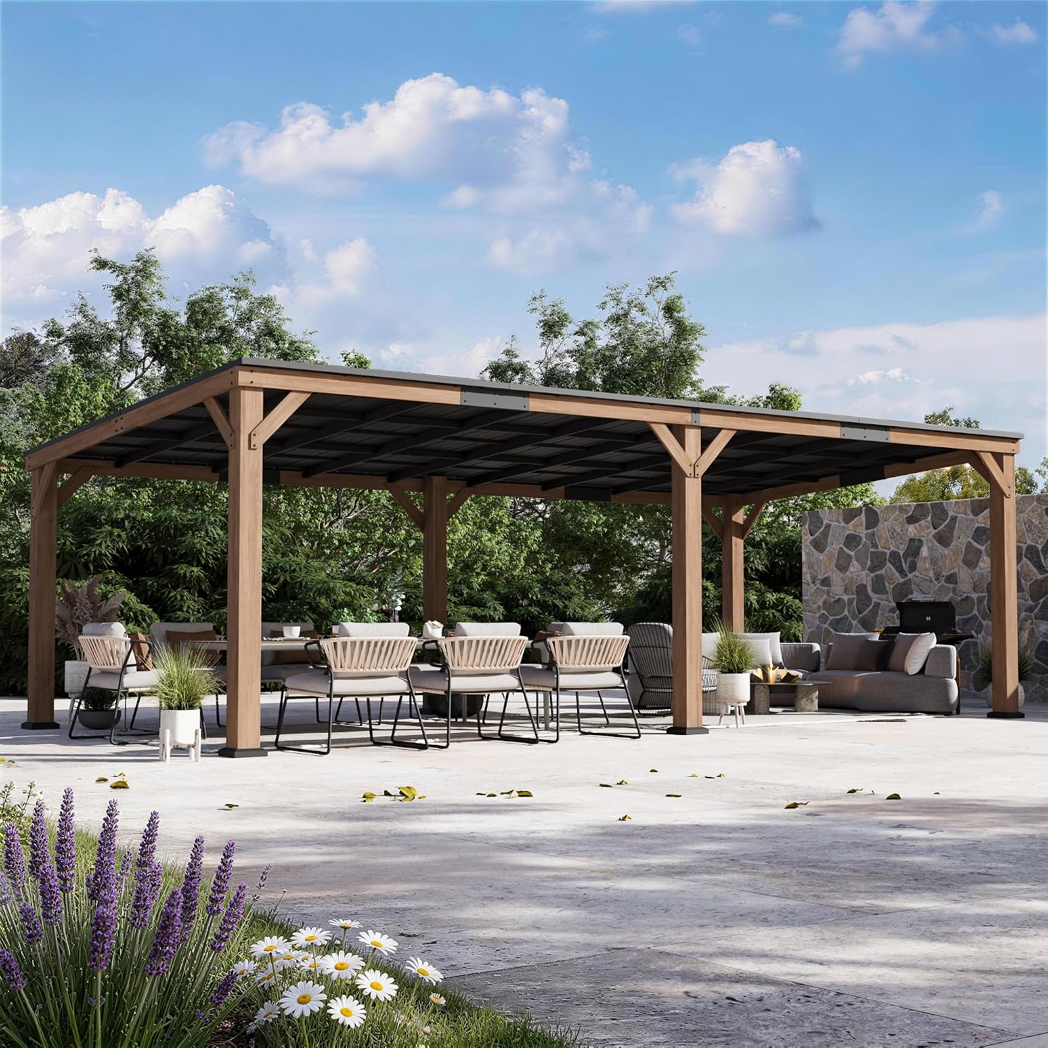 Modern Shade Supreme Cedar Wood Gazebo 12' x 24' with Hardtop Slope Roof, Wood Outdoor Carport Garage with Durable and Rot-Resistant, Supports Snow Loads and High Wind Speeds, Ideal for Backyard