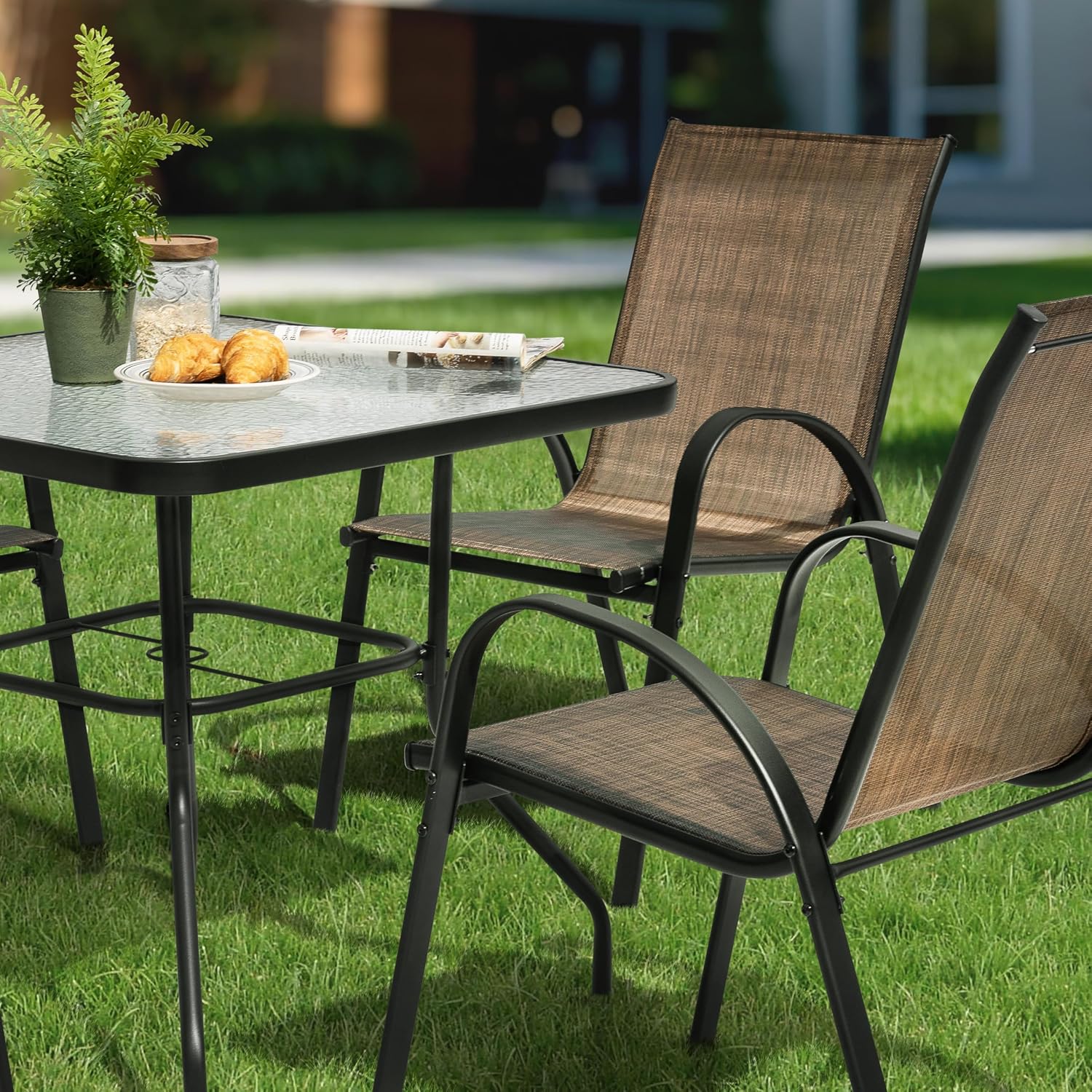 NUU GARDEN 5 Piece Outdoor Patio Dining Set, 32 Inch Square Tempered Glass Table with Umbrella Hole and 4 Textilene Chairs, Patio Furniture for Backyard Garden, Brown and Black