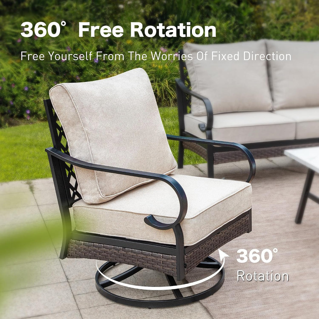 SUNSHINE VALLEY 6 Piece Metal Outdoor Patio Furniture Set, Patio Conversation Set with 3-Seater Couch, 2 Fixed Sofa, 2 Swivel Sofa (5.75' Thick Cushion) & Coffee Table Black Backyard Furniture, Beige