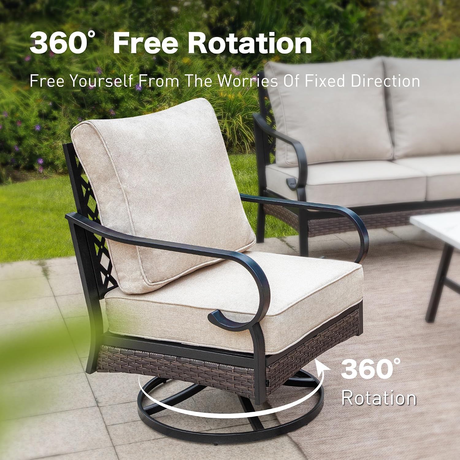 SUNSHINE VALLEY 6 Piece Metal Outdoor Patio Furniture Set, Patio Conversation Set with 3-Seater Couch, 2 Fixed Sofa, 2 Swivel Sofa (5.75' Thick Cushion) & Coffee Table Black Backyard Furniture, Beige