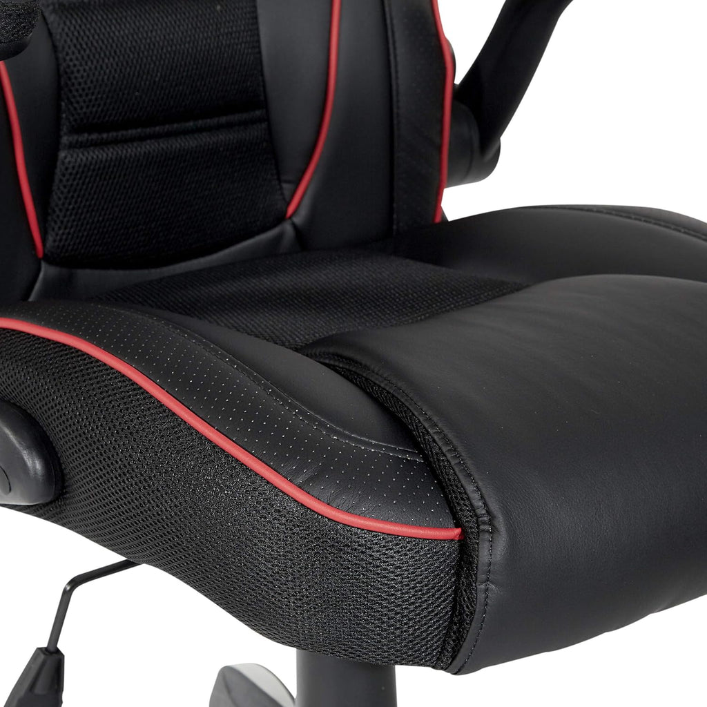 OSP Home Furnishings Xeno Ergonomic Adjustable Faux Leather Gaming Chair with Integrated Headrest and Airflow Cooling Material, Black with Red Accents