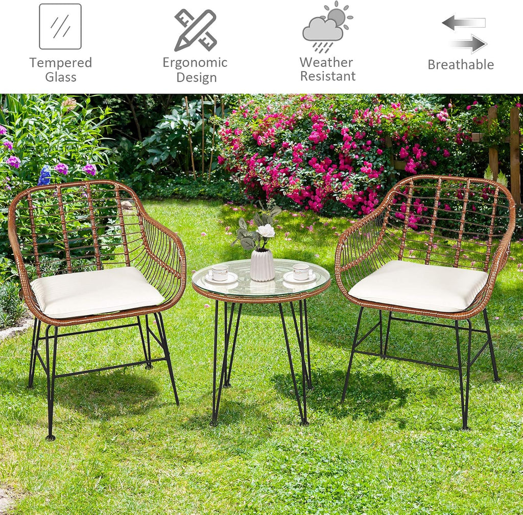 Tangkula 3 Pieces Patio Conversation Bistro Set, Outdoor Wicker Furniture w/Round Tempered Glass Top Table & 2 Rattan Armchairs, Bistro Chat Set w/Seat Cushions for Porch, Backyard, Garden