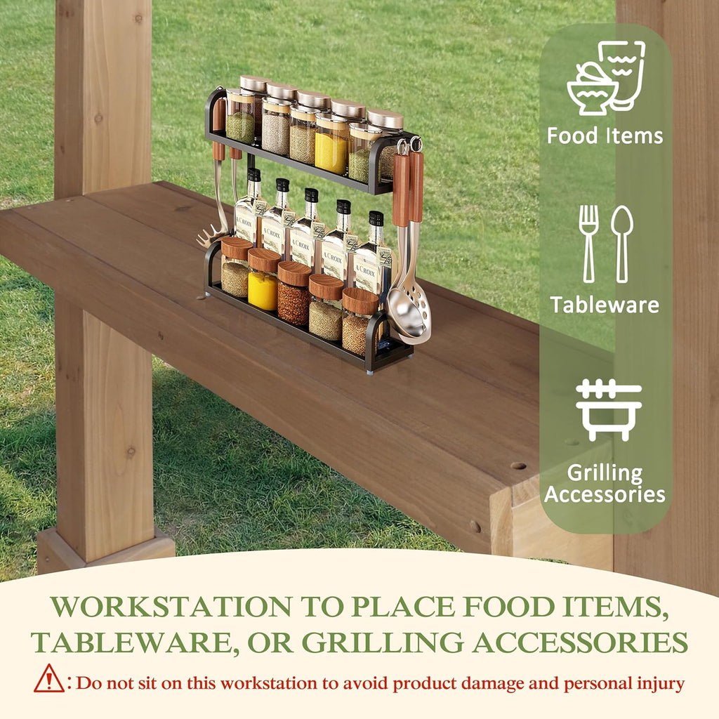 MUPATER 8 x 5 FT Outdoor Wooden Grill Gazebo with Sloping Metal roof, Heavy Duty BBQ Gazebo, Cedar Frame Pavilion with 2 Side Storage Shelves, BBQ Canopy for Patio, Lawn, Garden, Deck