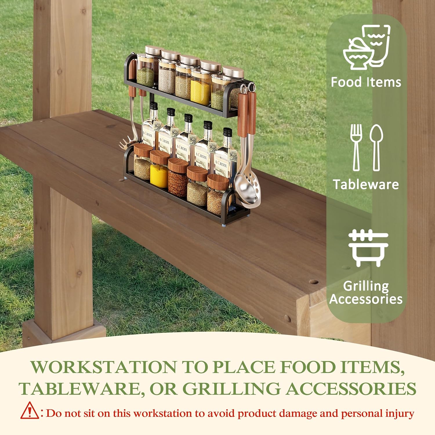 MUPATER 8 x 5 FT Outdoor Wooden Grill Gazebo with Sloping Metal roof, Heavy Duty BBQ Gazebo, Cedar Frame Pavilion with 2 Side Storage Shelves, BBQ Canopy for Patio, Lawn, Garden, Deck
