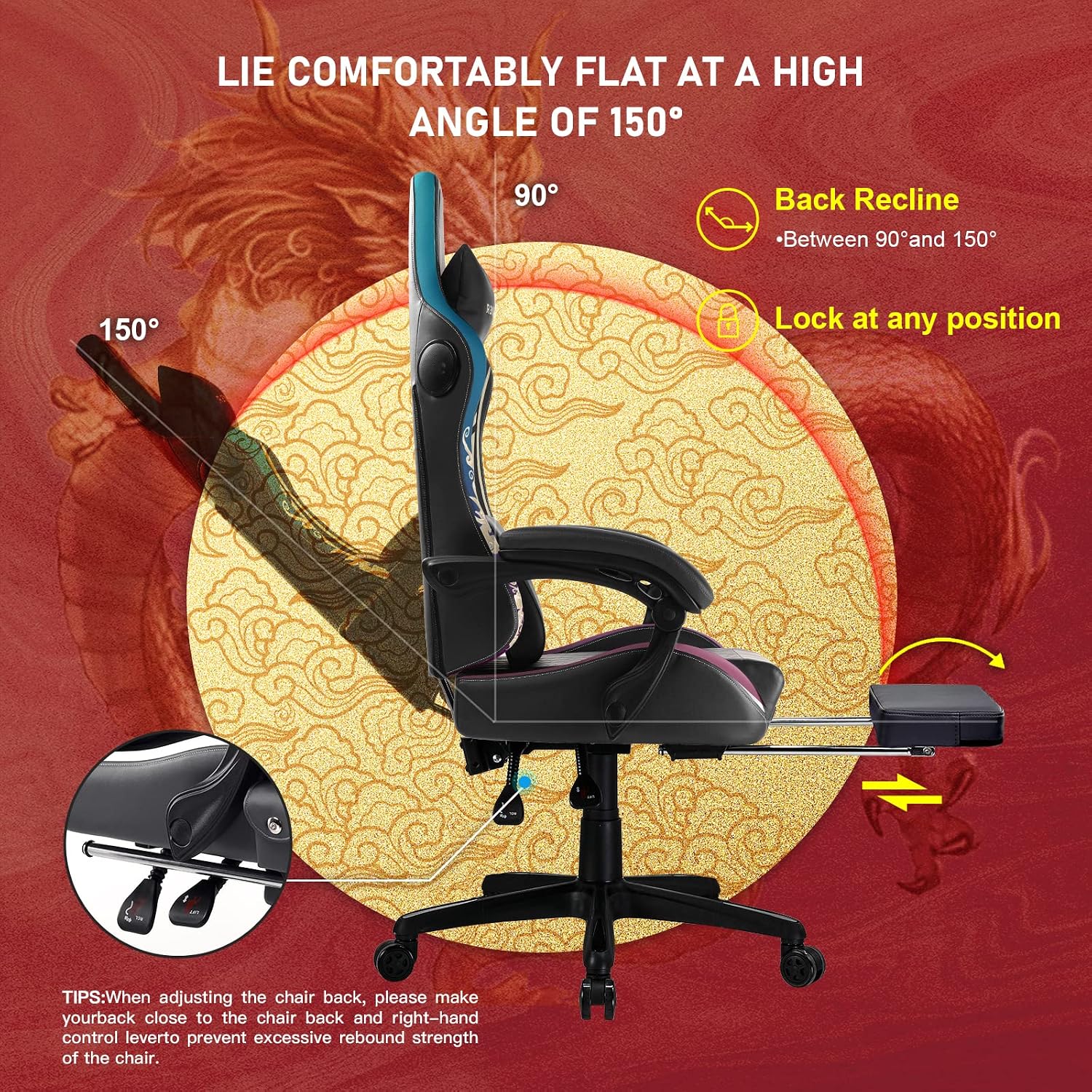 GTPLAYER Gaming Chair with Bluetooth Speakers and Footrest, Dragon Series Video Game Chair, Heavy Duty Ergonomic Chair, Esports Gaming Chair, Computer Office Desk Chair(DEEP Black)