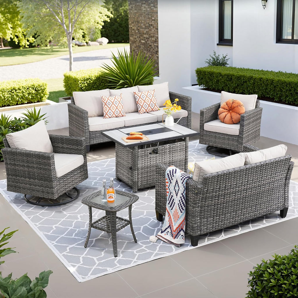 ovios 6 Pieces Patio Furniture Set with Rectangular Fire Pit Table, Swivel Rocking Chairs, Loveseat, Outdoor High Back Wicker Rattan Conversation Set for Deck Porch, Beige