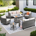 ovios 6 Pieces Patio Furniture Set with Rectangular Fire Pit Table, Swivel Rocking Chairs, Loveseat, Outdoor High Back Wicker Rattan Conversation Set for Deck Porch, Beige
