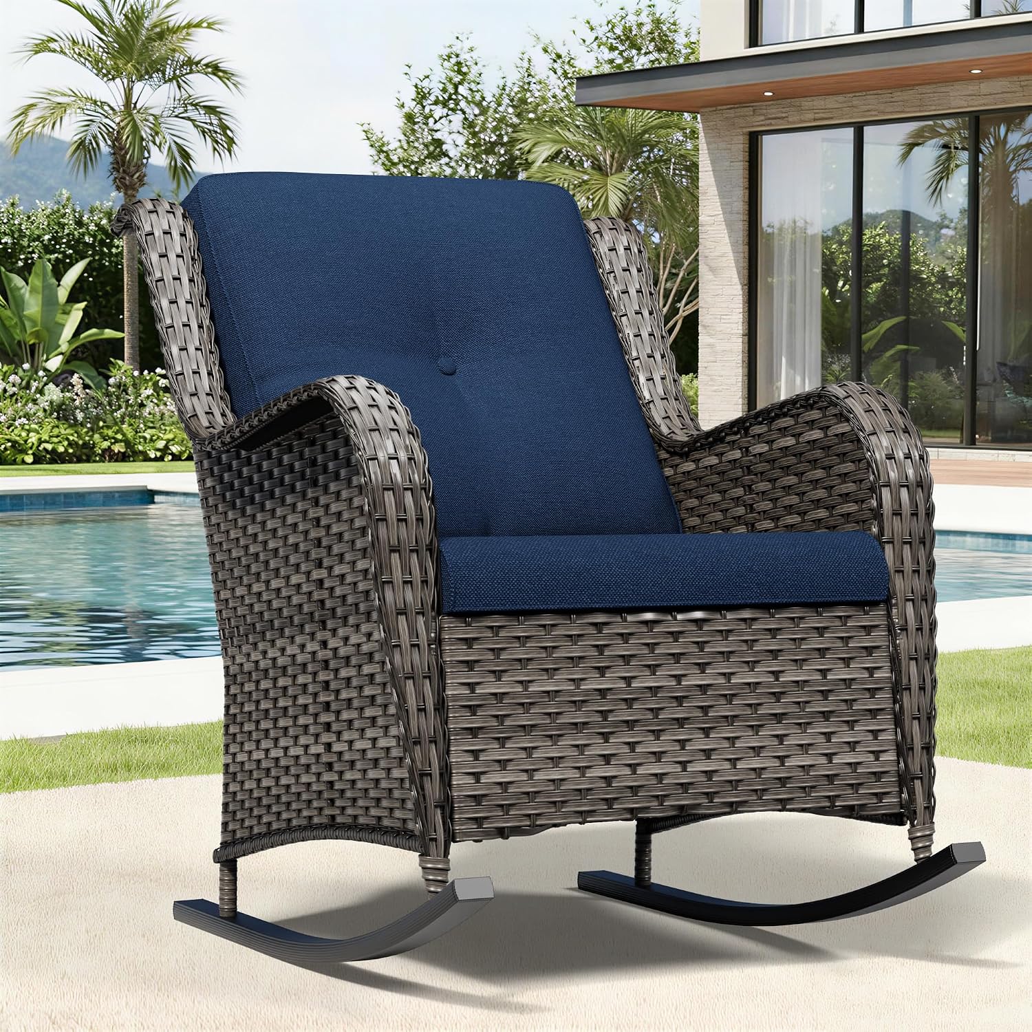 Joyside Outdoor Rocking Chair, Wicker Patio Furniture with High Back, Deep Seating, Wide Armrest, Thickened Cushions, Outdoor Rattan Furniture for Deck, Porch Use