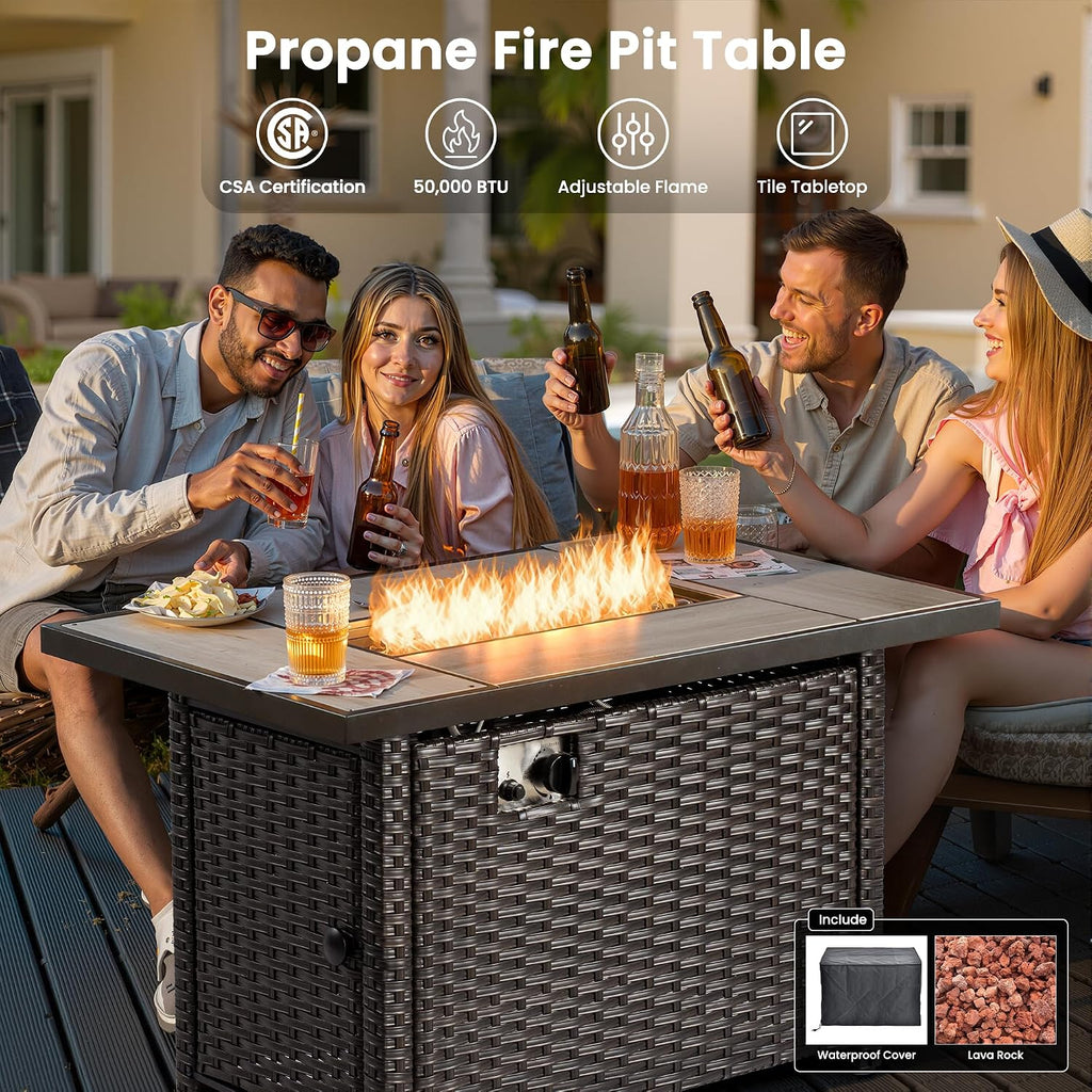 ovios 7-Pieces Patio Furniture Set with 42' Fire Pit Table Swivel Chairs, Outdoor Wicker Sofa Couch Gliders Rocker, High Back Modern Conversation Set, Brown Rattan, Orange Red