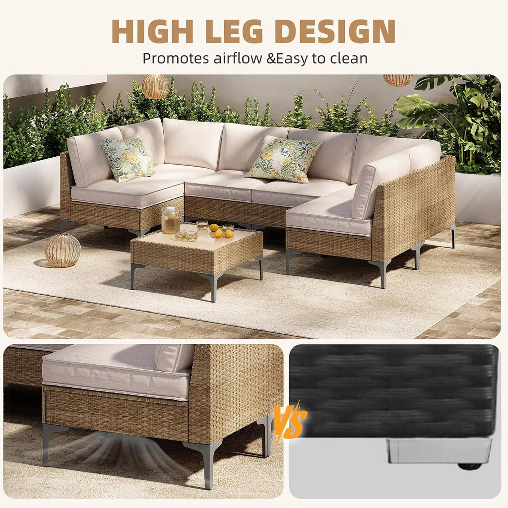 7-Piece Patio Furniture Set, Outdoor Wicker Sectional Sofa with Coffee Table, Anti-Slip & Thick All-Weather Cushions for Party,Garden,Backyard, Beige