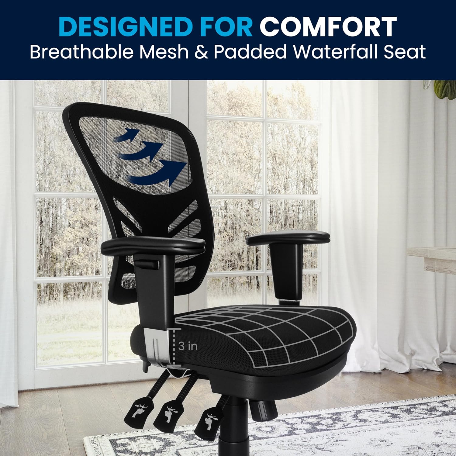 Flash Furniture Nicholas Mid-Back Swivel Desk Chair with Wheels, Mesh Back, Padded Seat, and Armrests, Adjustable Height Mesh Ergonomic Office Chair, Black