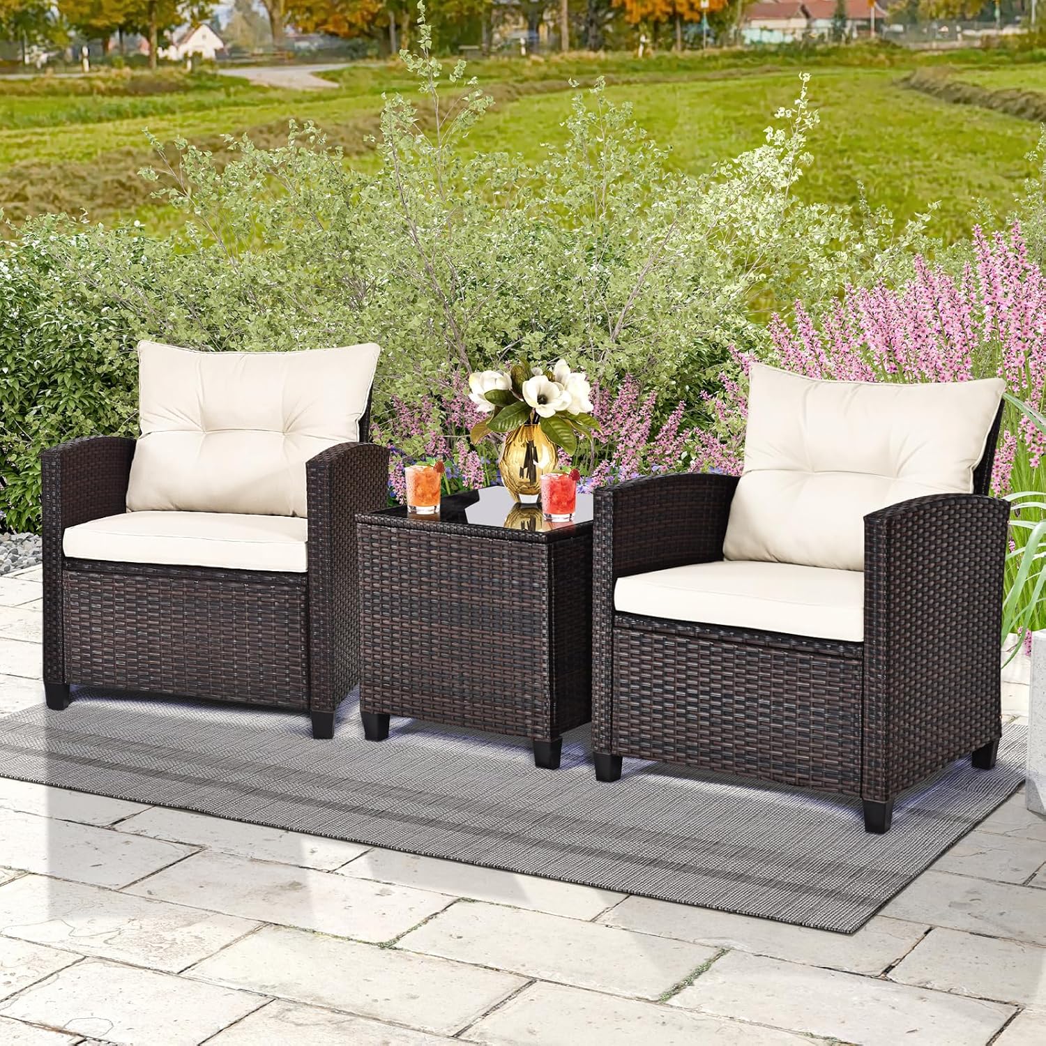 ORALNER 3 Pieces Patio Furniture Set, Outdoor Wicker Conversation Set Rattan Chairs with Cushions, Glass Coffee Table, Bistro Set for Front Porch Balcony Garden Deck Poolside (White)