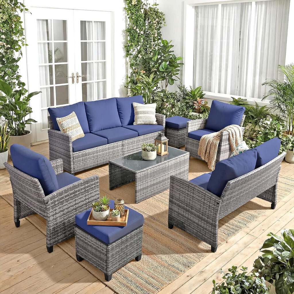 FHFO 7 Piece Patio Furniture Set, Outdoor Sectional Furniture Wicker Conversation Sofa Set, Includes 3-Seater Sofa, Loveseat, Single Sofa, Tempered Glass Coffee Table, Ottoman (Grey/Blue)