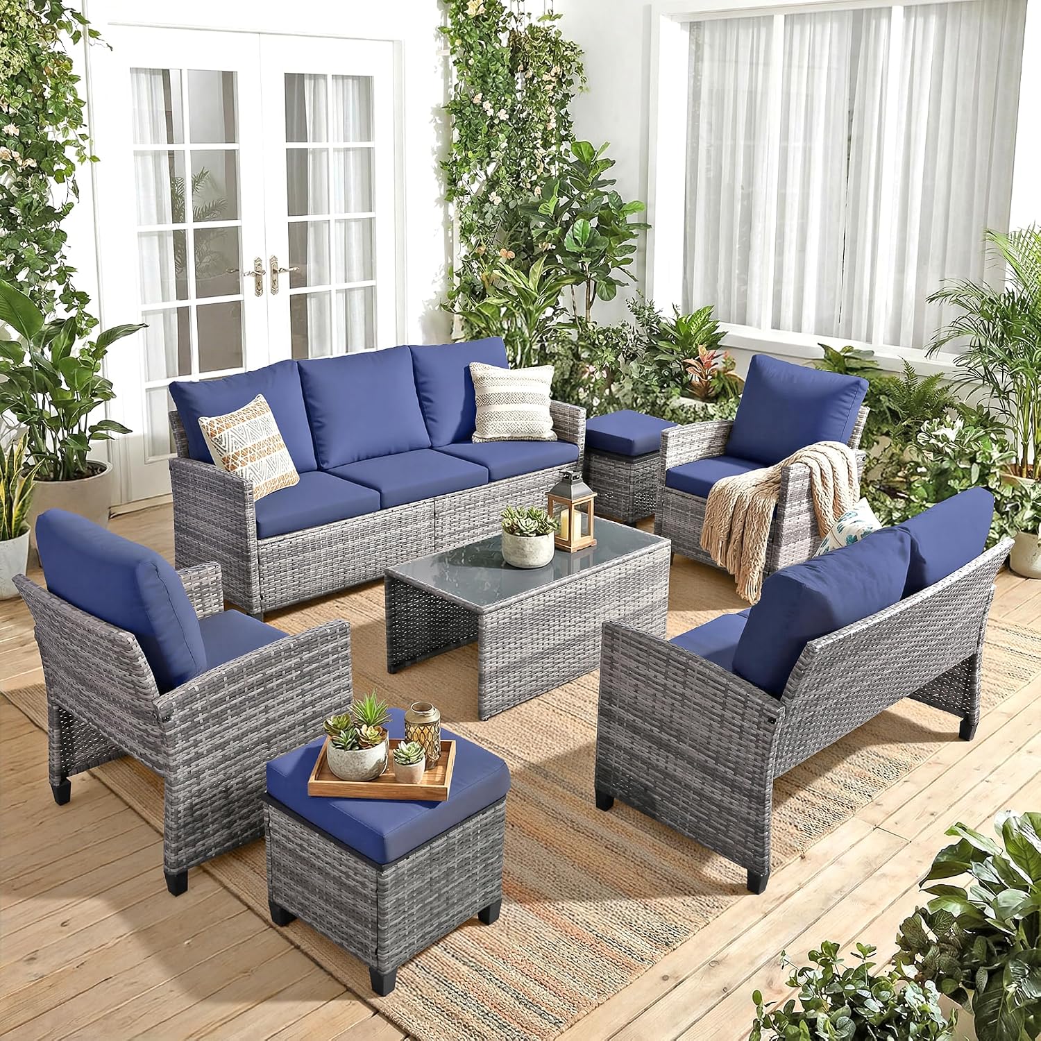 FHFO 7 Piece Patio Furniture Set, Outdoor Sectional Furniture Wicker Conversation Sofa Set, Includes 3-Seater Sofa, Loveseat, Single Sofa, Tempered Glass Coffee Table, Ottoman (Grey/Blue)