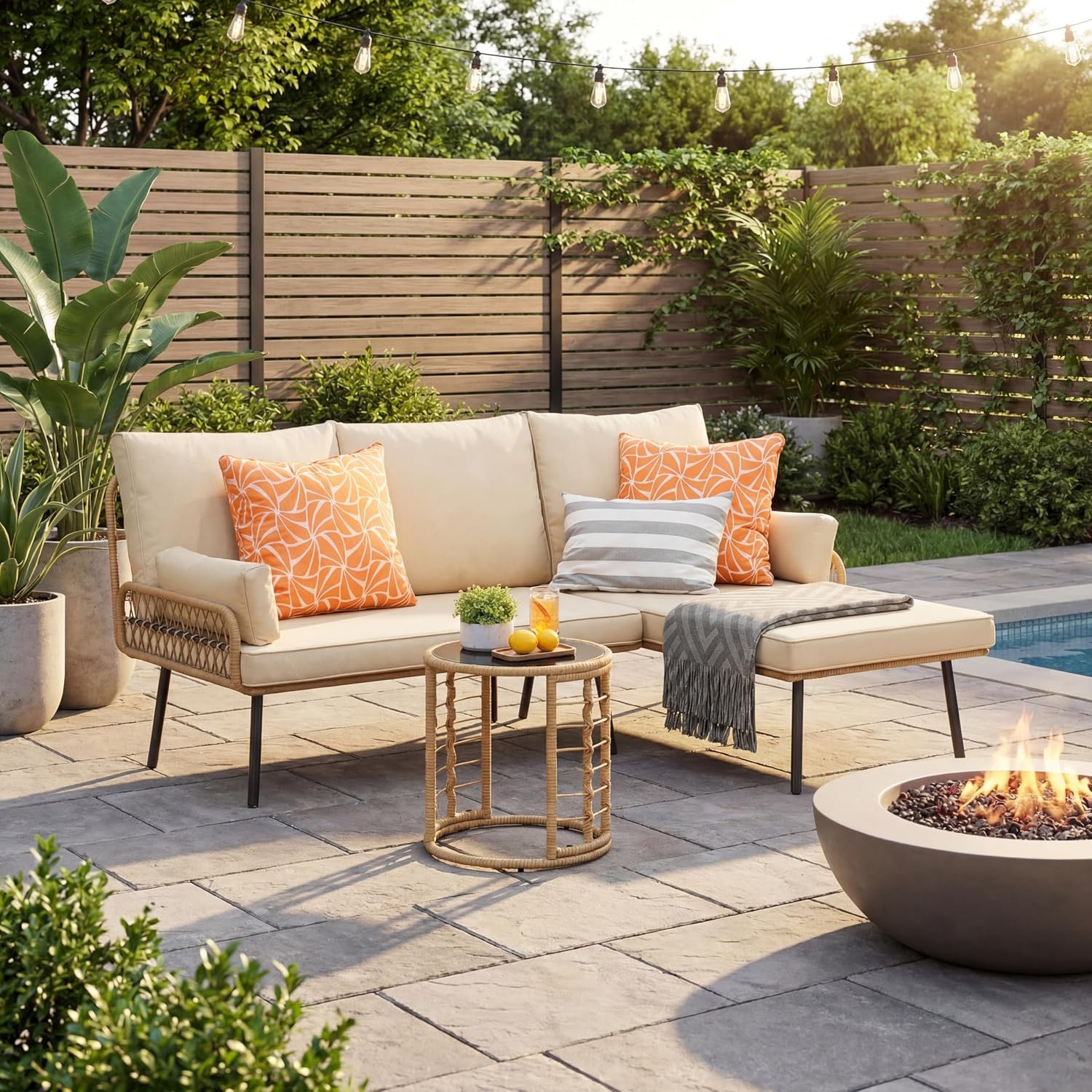 Gizoon 3-Piece Outdoor Patio Furniture Set, All-Weather PE Wicker L-Shaped Conversation Sofa with Thick Cushions & Glass Table, for Backyard, Porch, Balcony, Poolside (Beige)