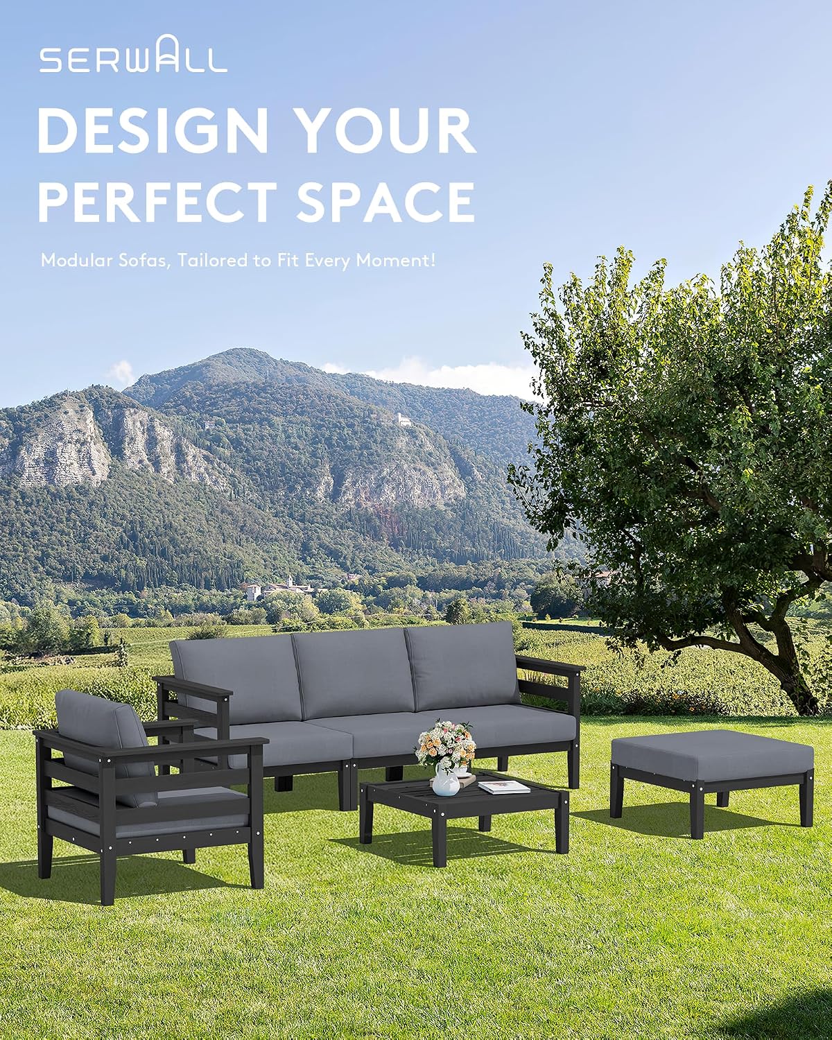 SERWALL HDPE Patio Furniture Set, 2 Pieces Outdoor Sectional Sofa Set, All-Weather Wood-Like Outdoor Sofa Couch with Coffee Table for Deck, Lawn, Black Frame with Grey Cushion