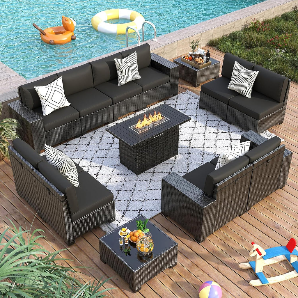 13 Piece Patio Furniture Set with Fire Pit Table, Outdoor Sectional Conversation Sets Black Wicker Rattan Sectional Sofa for Patio Garden Backyard, 4'' Thickened Cushion