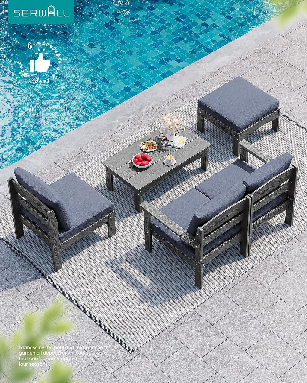SERWALL 2 Pieces Patio Sofas, HDPE Outdoor Conversation Set with Cushions and Ottoman, Modular Sectional Patio Furniture for Backyard, Deck, Garden, Poolside, Grey Frame with Grey Cushion