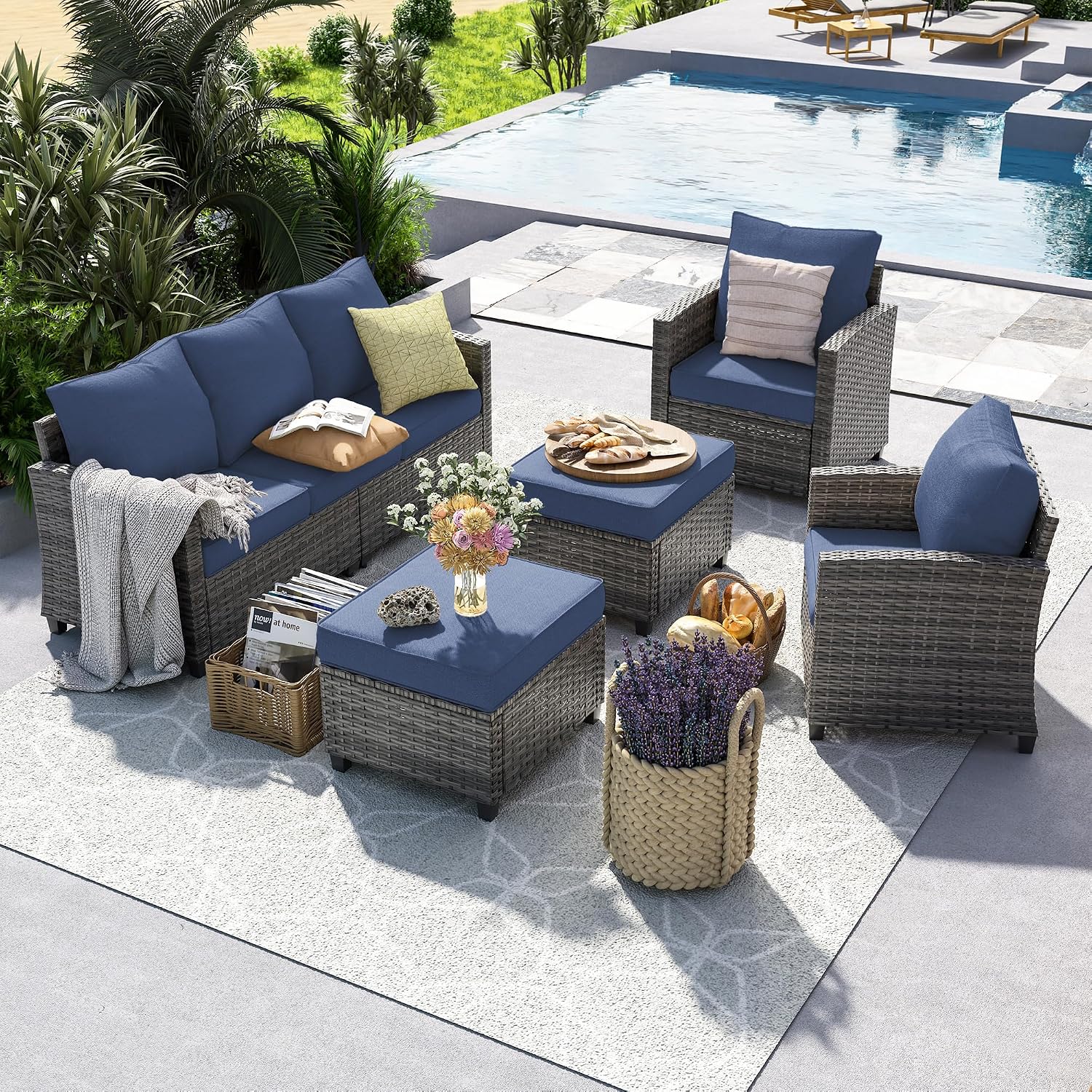 UDPATIO Patio Furniture Set, 5 Pieces Outdoor Sectional Sofa Set, All-Weather Wicker Rattan High Back Outdoor Conversation Set with Ottoman for Poolside, Backyard, Grey Wicker Navy Blue Cushion